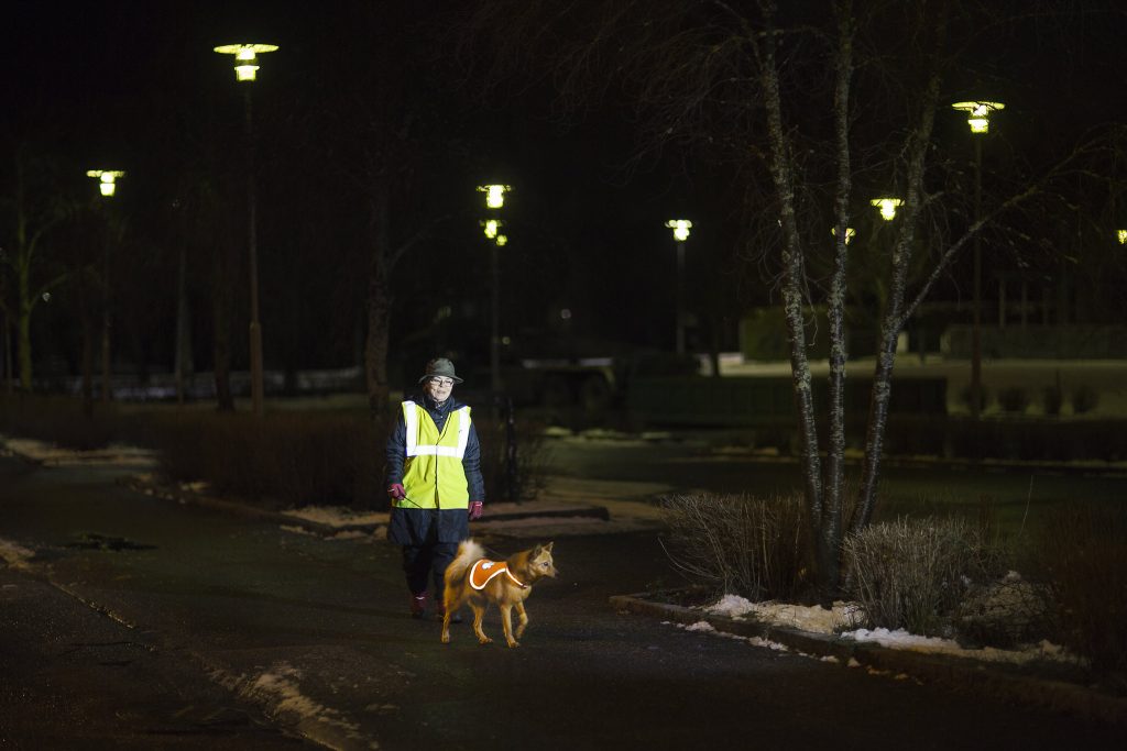 Nainen ja koira heijastinliivit päällä liikenteessä