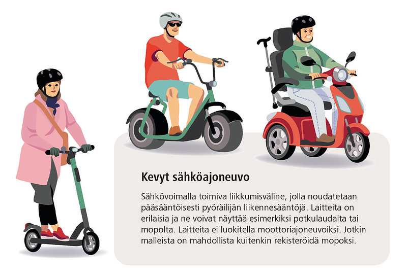 Kuvassa useita kevyitä sähköajoneuvoja (mm. sähköpotkulauta). Niillä noudatetaan pääsääntöisesti pyöräilijöiden liikennesääntöjä.