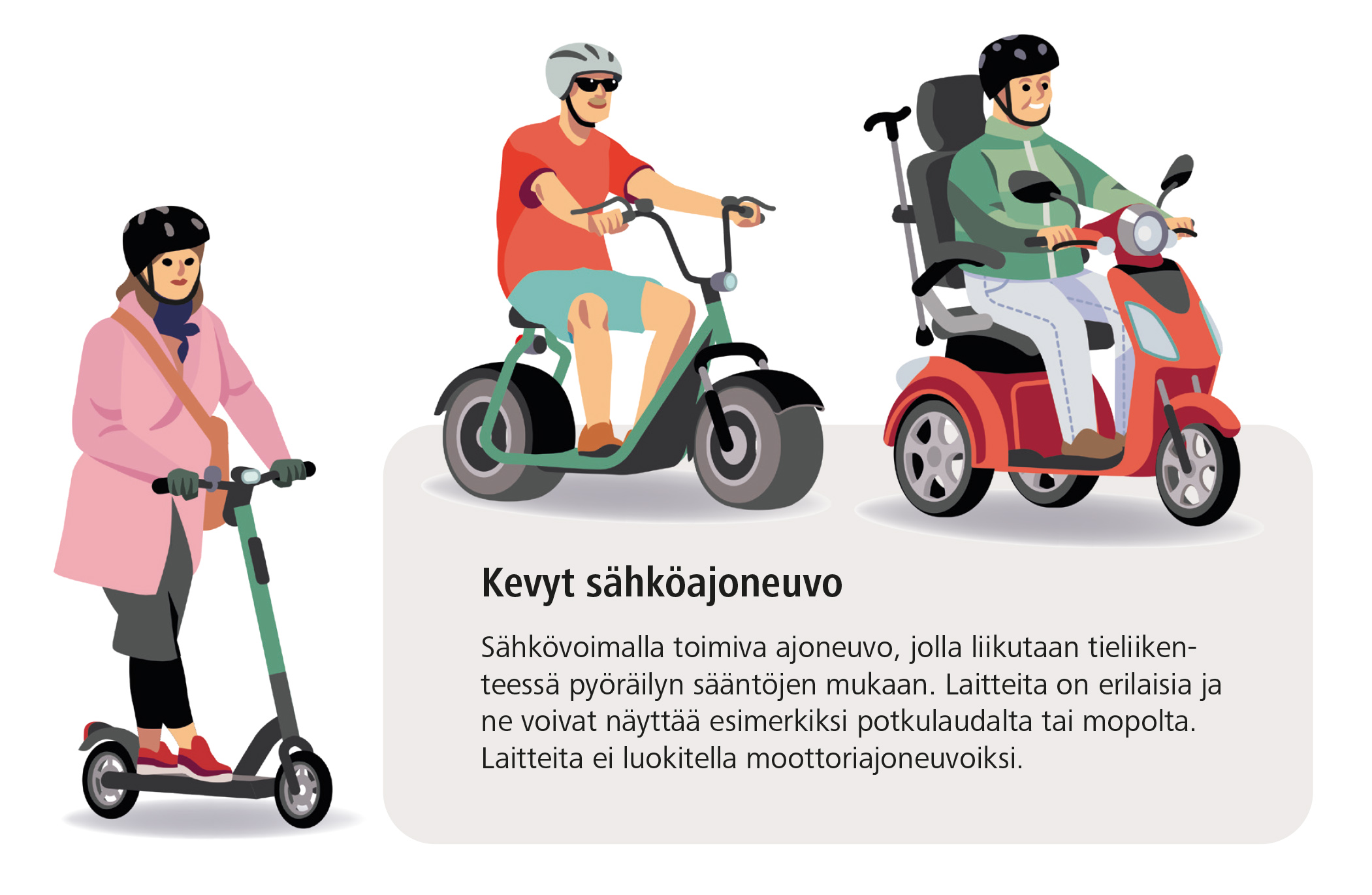Kuvassa useita kevyitä sähköajoneuvoja (mm. sähköpotkulauta). Niillä noudatetaan pääsääntöisesti pyöräilijöiden liikennesääntöjä.