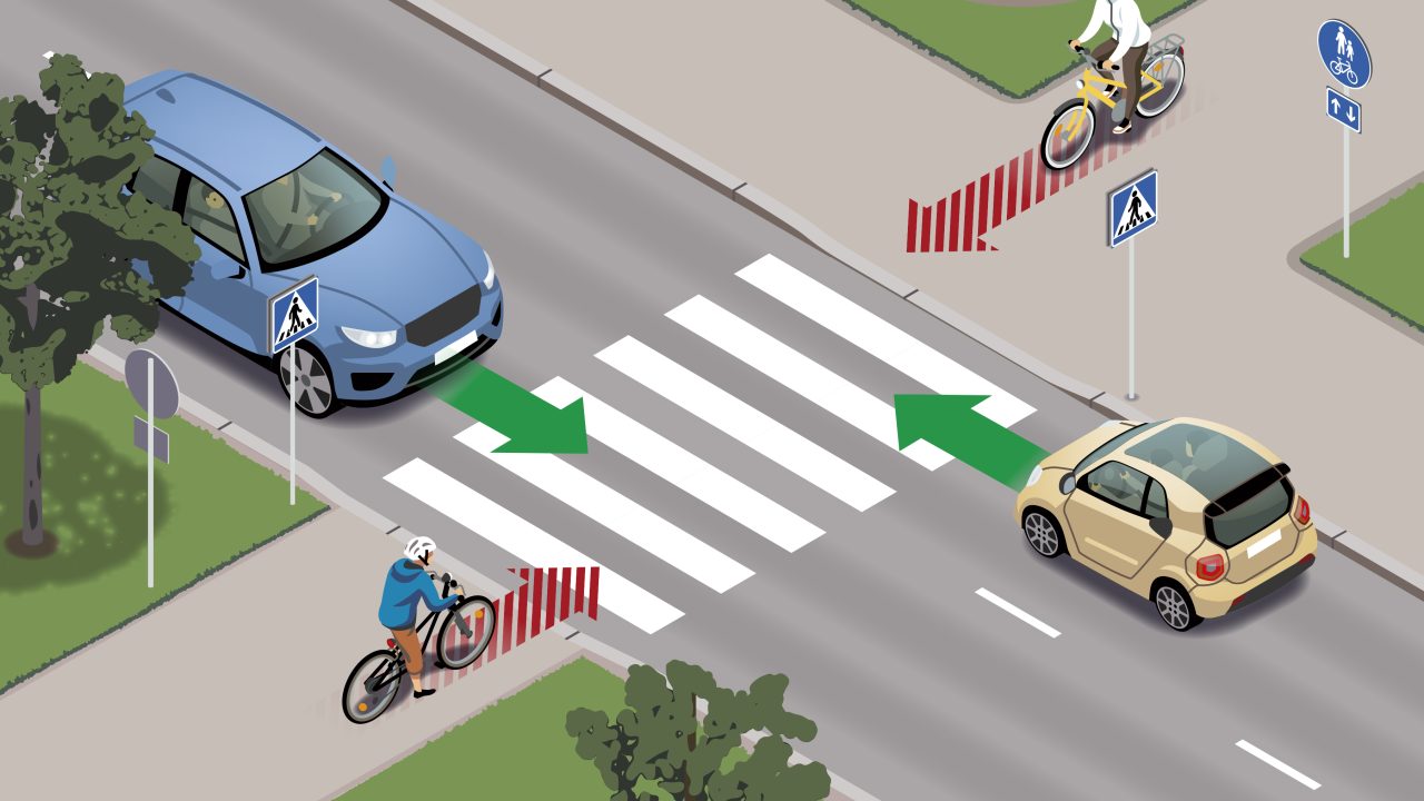 Jos suoraan ajaville ajoneuvoille ei ole väistämiseen velvoittavaa liikennemerkkiä, pyöräilijä väistää ajoradalle tullessaan. Kuvassa pyöräilijät pysähtyvät ennen suojatielle tuloa, koska ajoradalla on liikennettä.