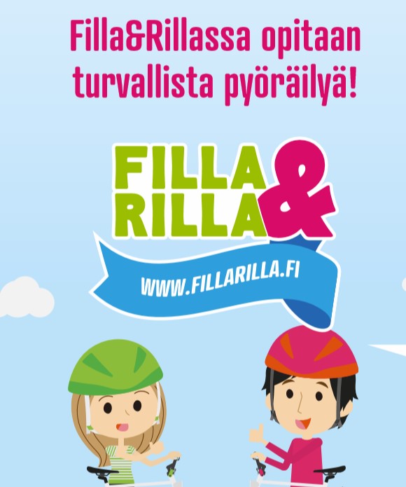 Filla & Rilla juliste lasten turvalliseen pyöräilyyn