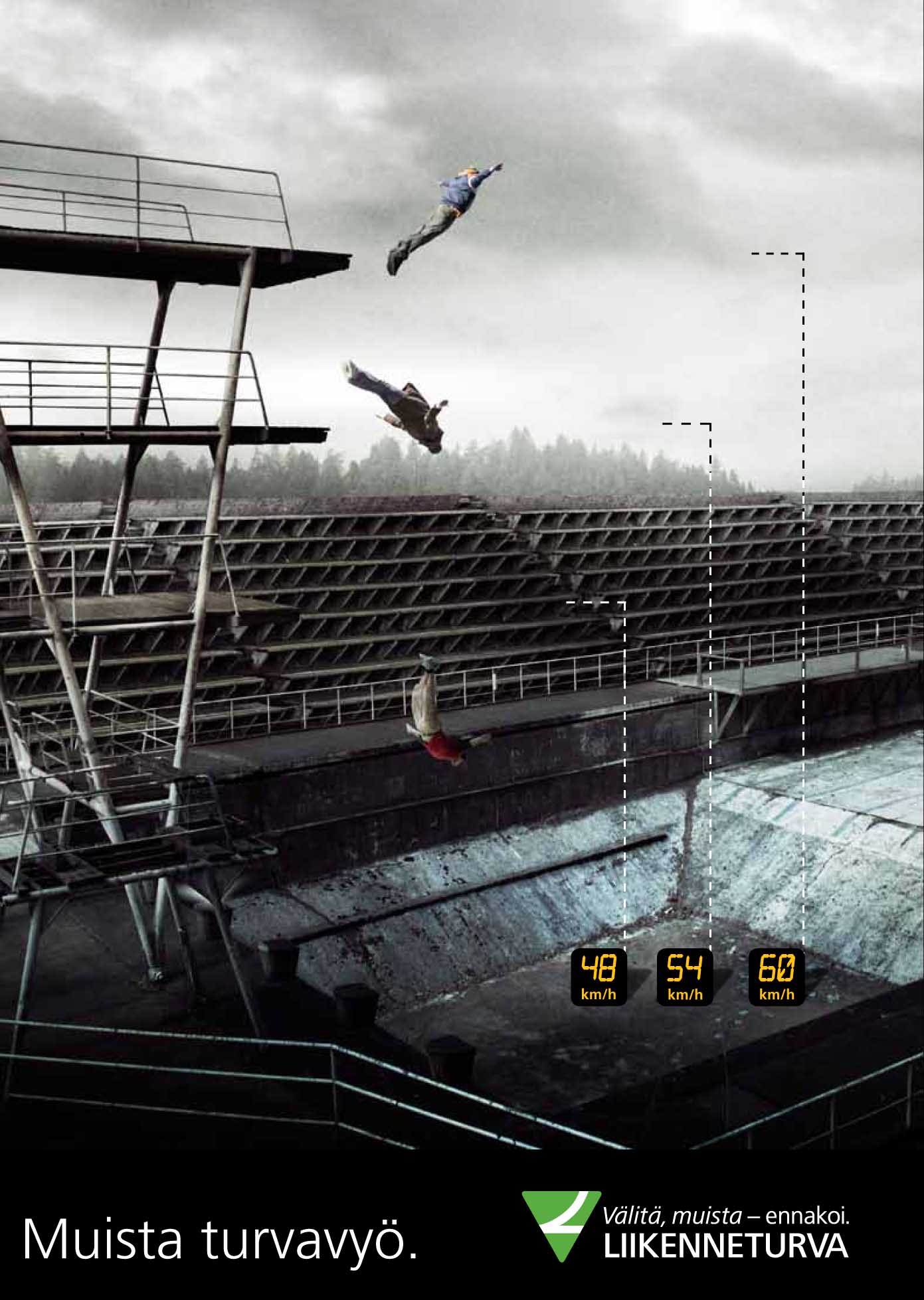 Muista turvavyö -juliste, jossa on kuvattu millä nopeudella ihminen törmää kolarin sattuessa.
