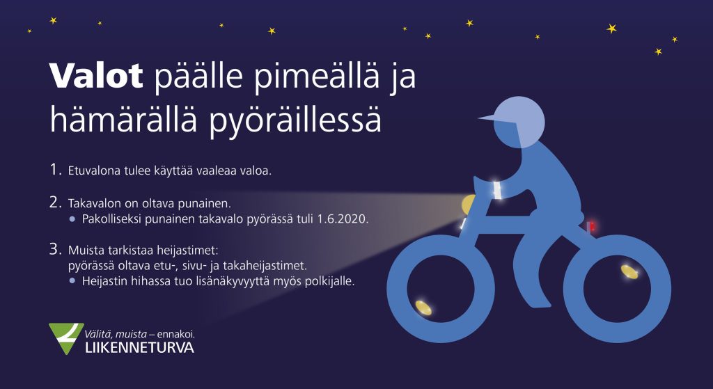 Infograafi kertoo, että pyörässä on pimeällä ja hämärällä ajettaessa oltava sekä vaalea etuvalo että punainen takavalo.