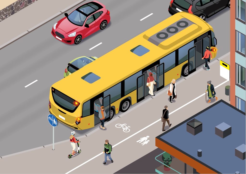 Pyöräilijän ja sähköpotkulautailijan on väistettävä bussin matkustajia.