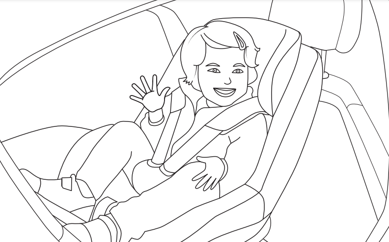 Piirustuskuva, jossa iloinen lapsi istuu turvaistuimessa.