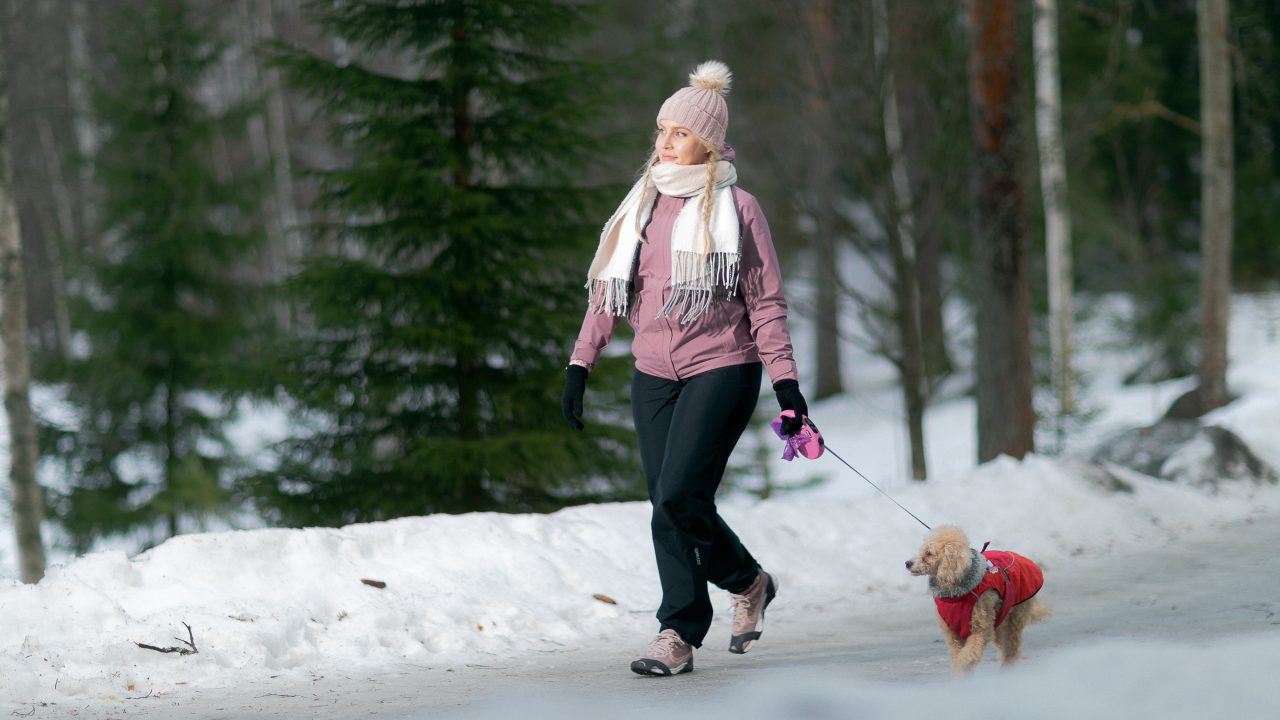 Jalankulkija kulkee koiran kanssa liukkaalla tiellä liukuesteet kengissään.