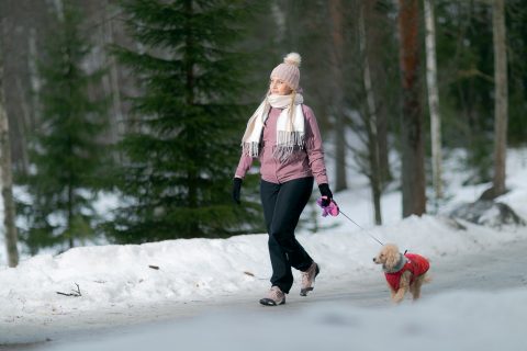 Jalankulkija kulkee koiran kanssa liukkaalla tiellä liukuesteet kengissään.