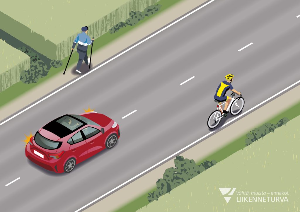 Autoilija ohittaa maantien laidassa polkevan pyöräilijän viereisen kaistan kautta.