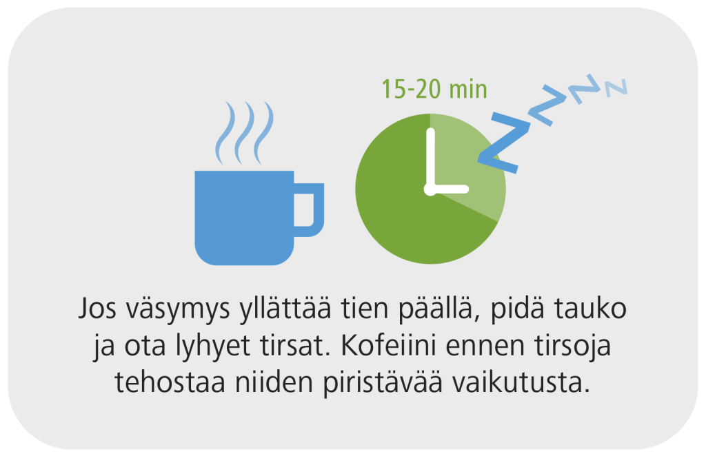 jos väsymys yllättää tienpäällä kuppi kahvia ja vartin tauko.