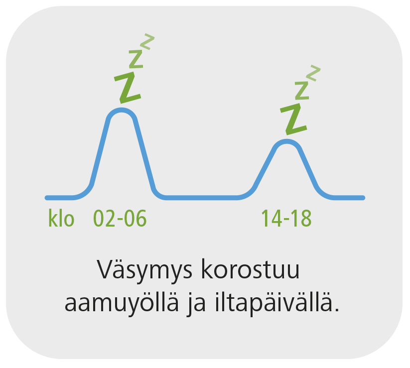 Väsymys korostuu aamuyöllä ja iltapäivällä