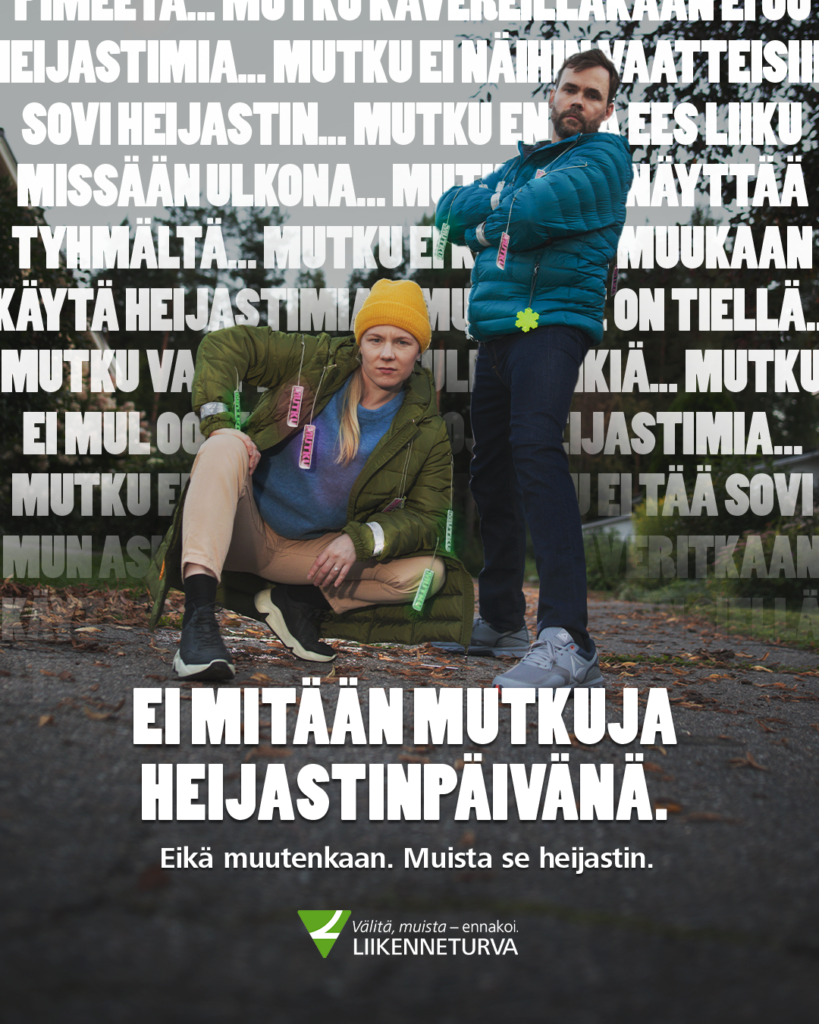 Heijastinkampanjan somekuvassa ovat aikuiset heijastimet yllään. 