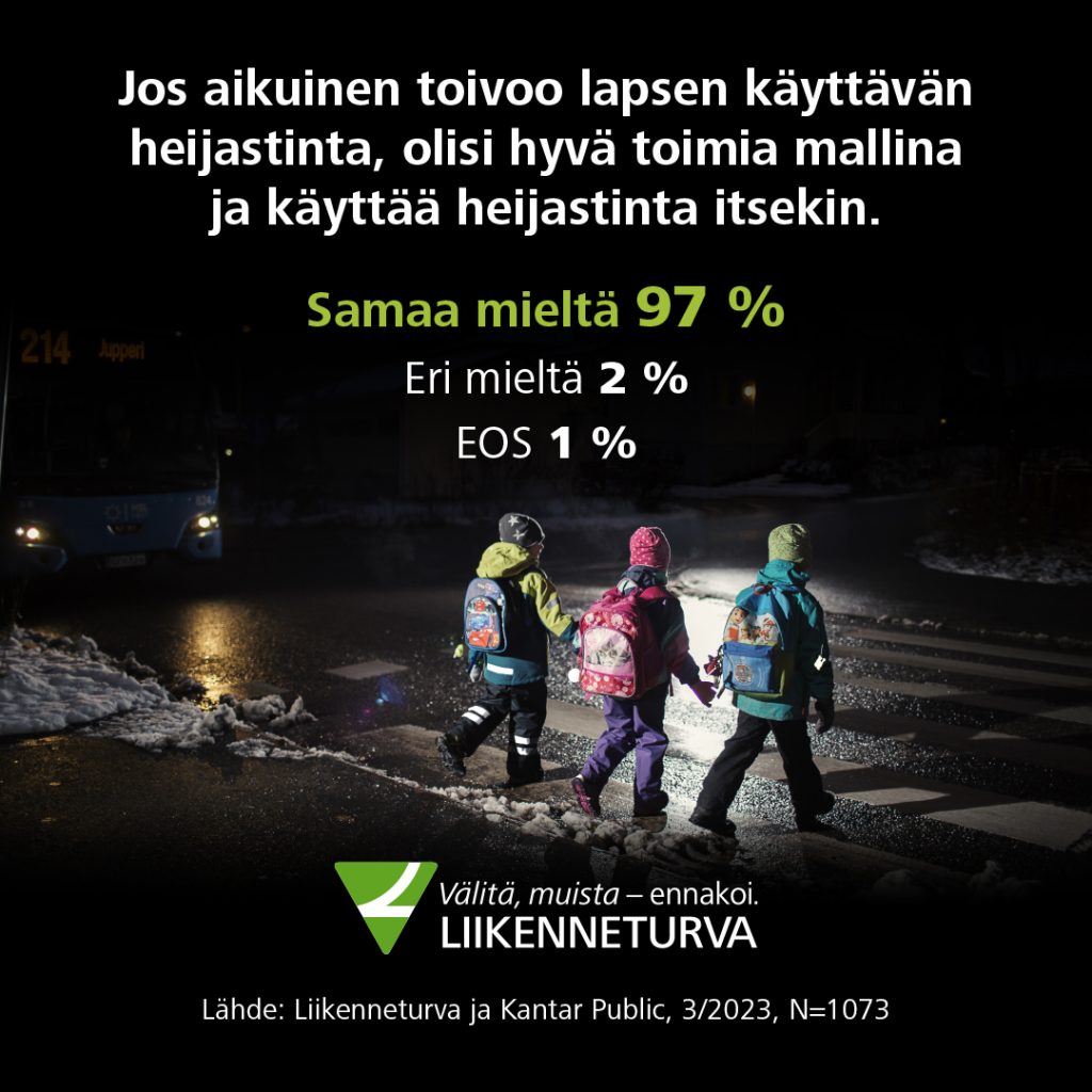 Jos aikuinen toivoo lapsen käyttävän heijastinta, on hyvä olla mallina ja käyttää itse.