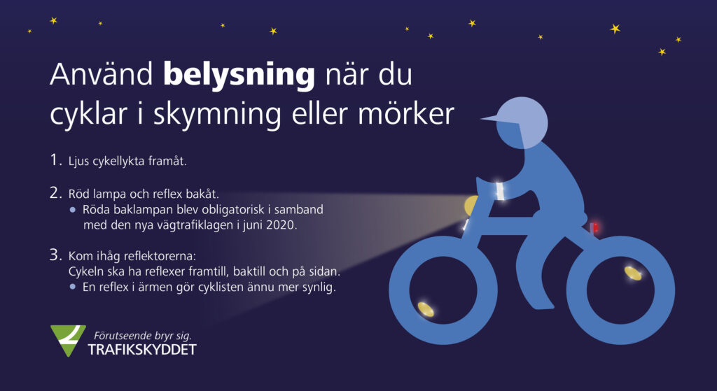 Infograf: Använd belysning när du cyklar i skymning eller mörker.