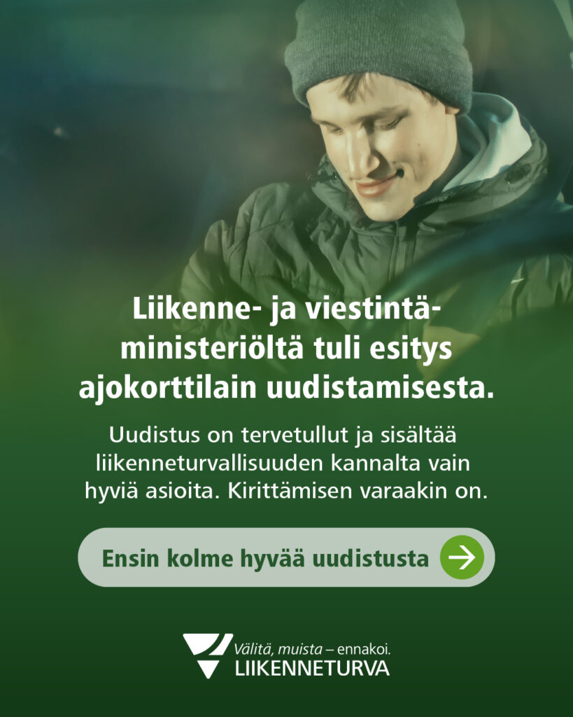 Kuvassa nuori kuljettaja ja kuvan päällä tekstiä Liikenneturvan blogikirjoituksesta.