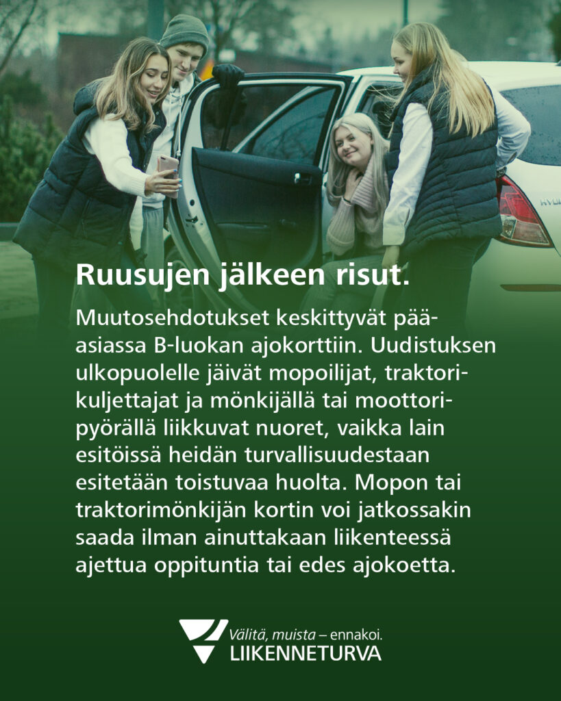 Kuvassa nuoria autossa ja kuvan päällä tekstiä Liikenneturvan blogikirjoituksesta.