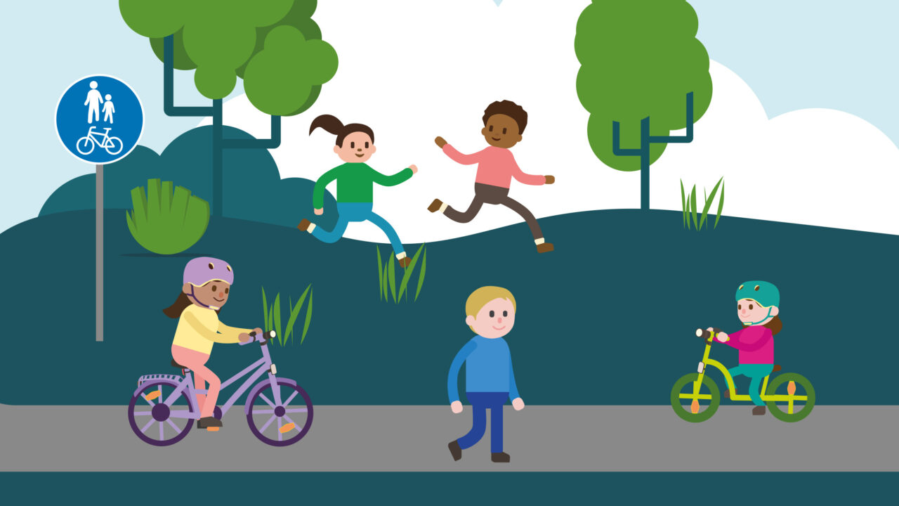 Piirroskuva jossa lapsia liikenteessä