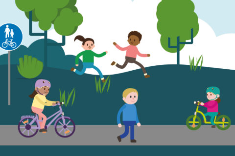 Piirroskuva jossa lapsia liikenteessä