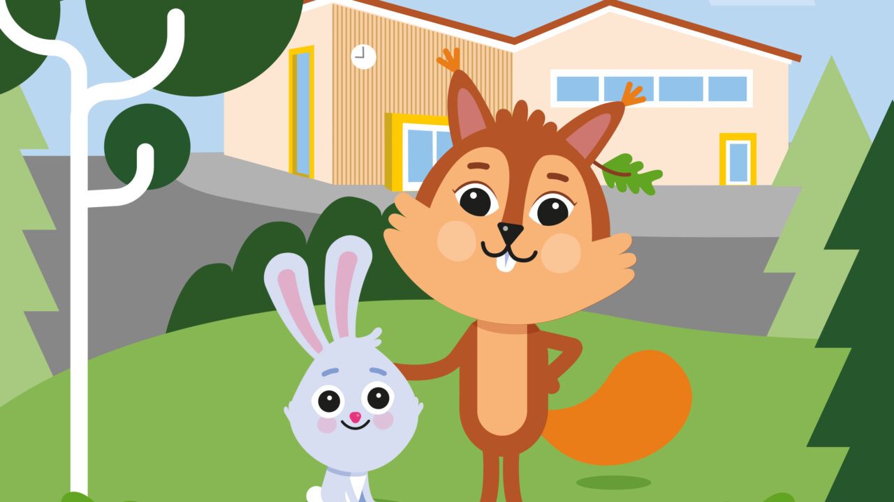 Piirroskuva, jossa kaksi eläinhahmoa päiväkodin pihalla.