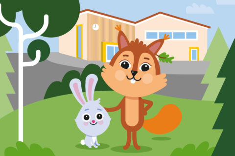 Piirroskuva, jossa kaksi eläinhahmoa päiväkodin pihalla.