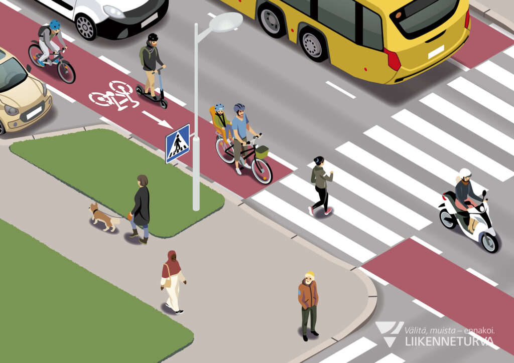 Liikennetilanne, missä jalankulkija ylittää suojatietä ja pyöräkaistaa ajava pyöräilijä antaa tietä.