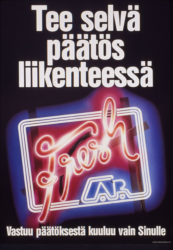 Tee selvä päätös liikenteessä -kampanjajuliste vuodelta 1985.