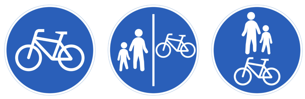 trafikmärken för cykelväg från vänster till höger: cykelväg, parallell cykelväg och gångbana och kombinerad cykelväg och gångbana