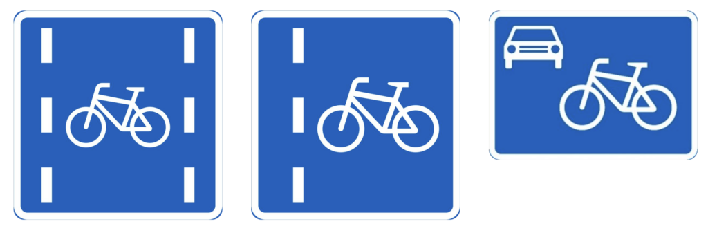 två olika trafikmärken för cykelfält och trafikmärket för cykelgata. Vägmärket för cykelgata sätter ingen hastighetsbegränsning i sig, utan den anges separat med ett vägmärke