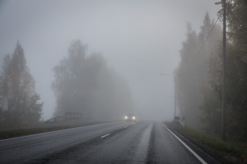 auto ajaa sumussa maantiellä